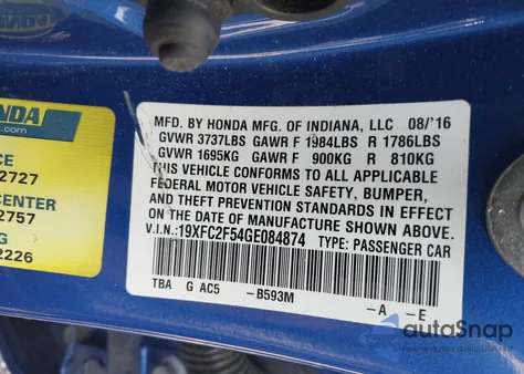 2016 Honda Civic Lx from USA, damaged, VIN 19XFC2F54GE084874
